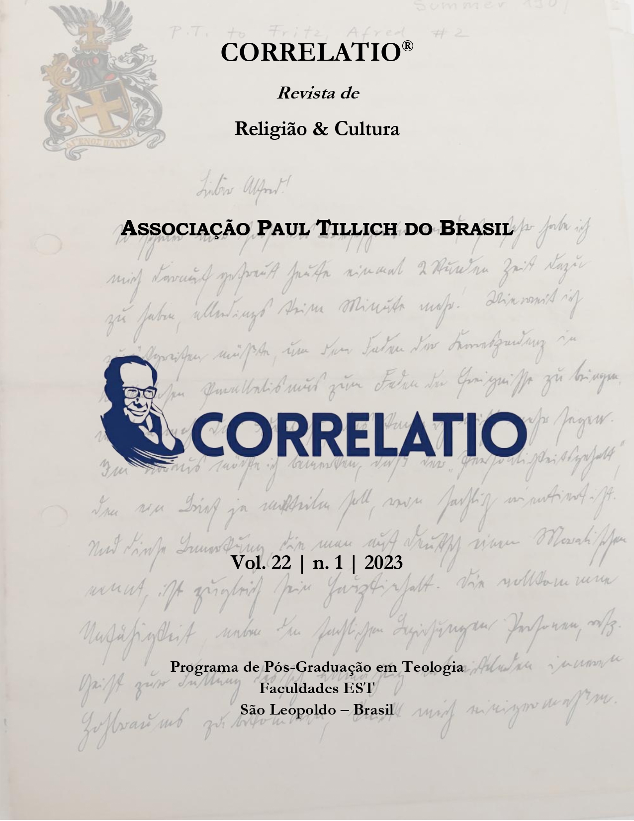 Capa da Revista Correlatio (v. 22, n. 1, 2023), com fundo em manuscrito histórico, brasão no topo, logotipo da Associação Paul Tillich do Brasil e identificação do Programa de Pós-Graduação em Teologia das Faculdades EST, São Leopoldo, Brasil.