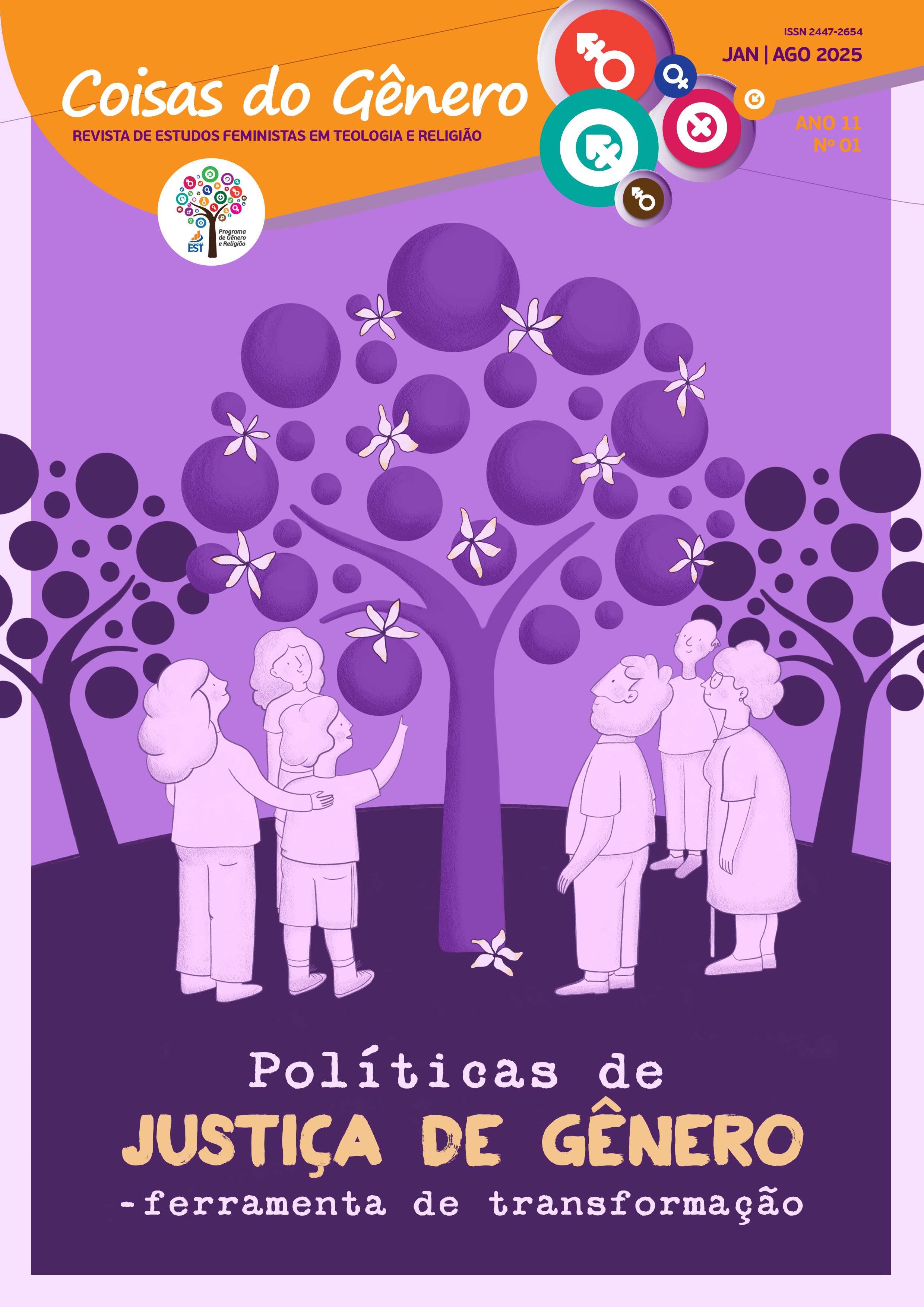 Capa da Revista Coisas do Gênero, edição janeiro a agosto de 2025, ano 11, número 1. O fundo tem tons de roxo. No topo, há uma faixa laranja com o título da revista em destaque: “Coisas do Gênero – Revista de Estudos Feministas em Teologia e Religião”. Ao lado, aparecem ícones coloridos relacionados a gênero, como símbolos de masculino, feminino e outros marcadores.  A ilustração central mostra um grupo de pessoas diversas reunidas ao redor de uma árvore com grandes frutos e flores brancas. As pessoas observam, conversam e interagem, como se estivessem analisando, colhendo ou apreciando os frutos. Outras árvores semelhantes aparecem ao fundo, criando um ambiente de bosque ou pomar simbólico.  Na parte inferior, em letras grandes, está o título: “Políticas de Justiça de Gênero – ferramenta de transformação”.